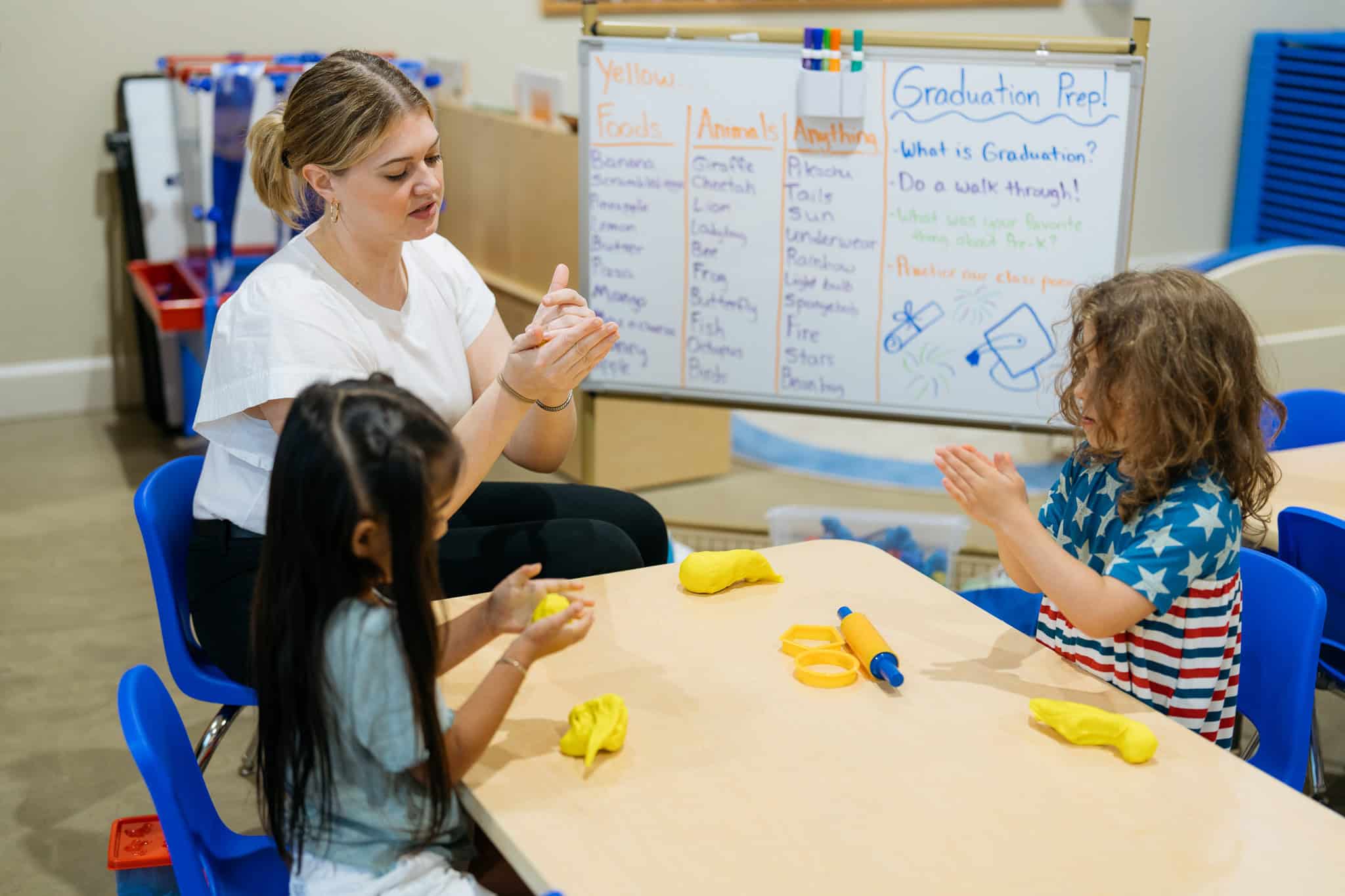 Teacher and children in a classroom at Guidance Preparatory Academy, a Christian preschool in Roanoke, TX